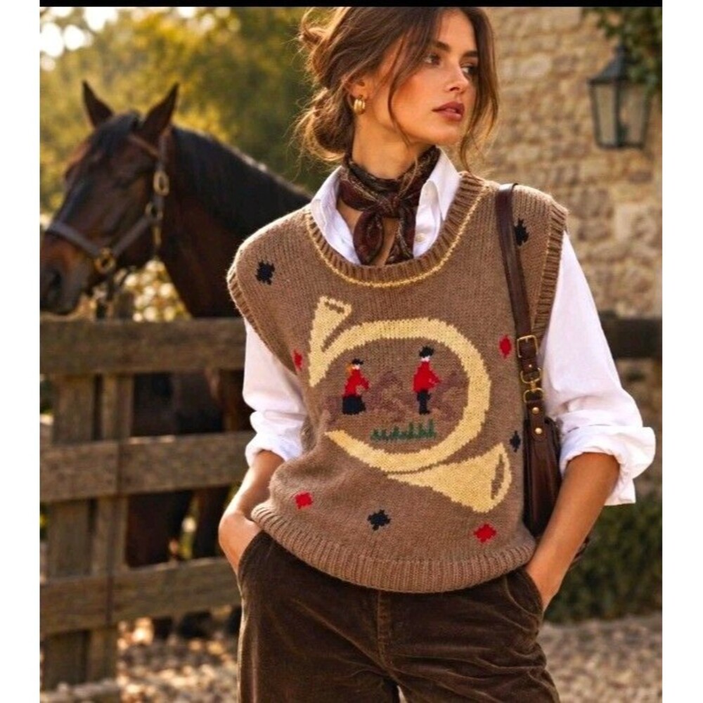 Vintage The Villager Equestrian Sweater Vest M Horse Hunting Horn Novelty Knit
